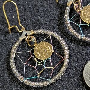 Vintage Dreamcatcher Earrings Gold Tone Indian Head Coin Like Charms & Metallic
